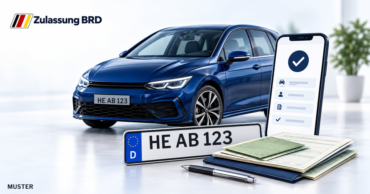Online Fahrzeugzulassung in Schöningen: Musterkennzeichen HE AB 123, Auto und Fahrzeugpapiere und Smartphone. Illustration mit Logo von Zulassung BRD.